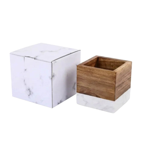 Marble and acacia wood pen pencil holder with white marble gift box