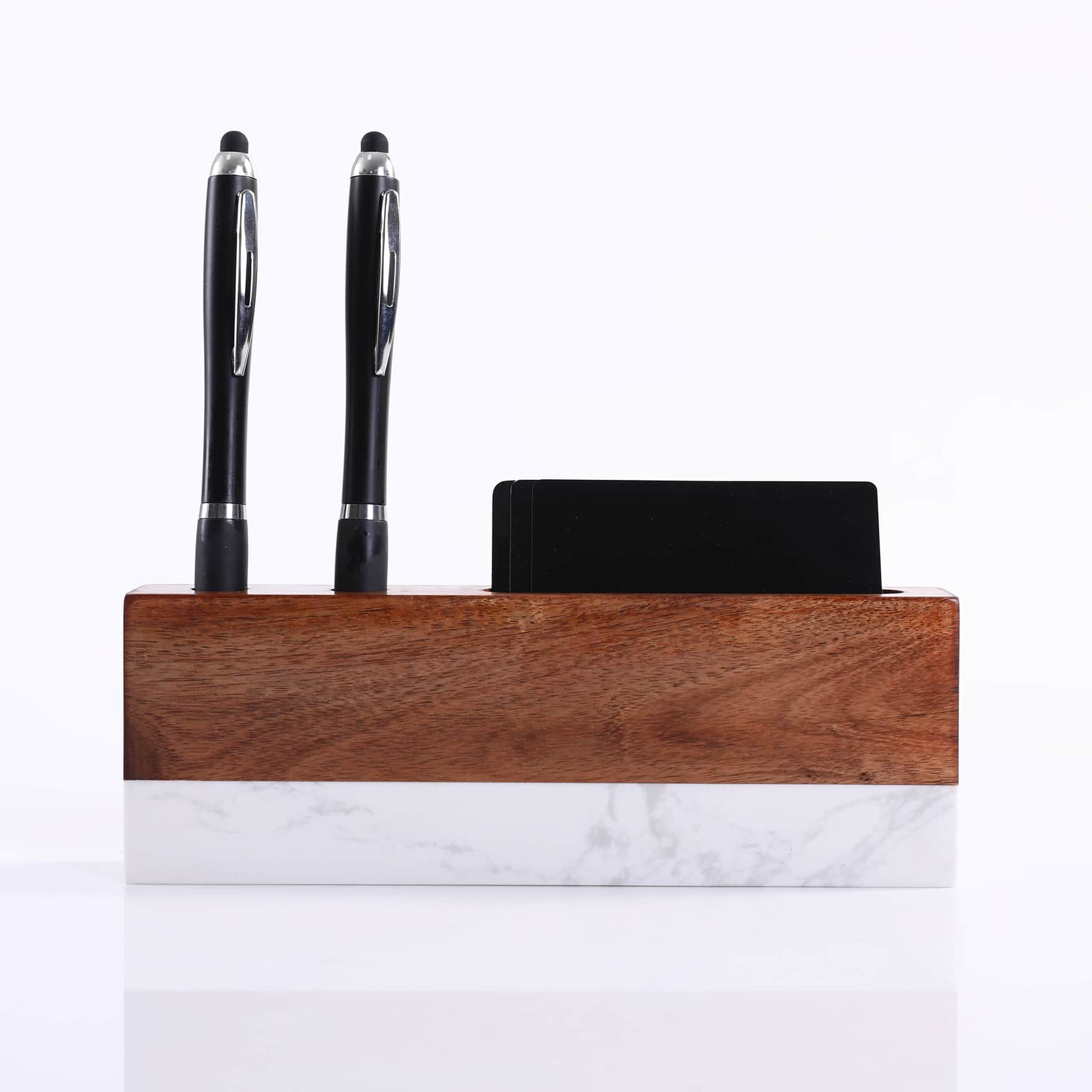 Marble and acacia wood desk name plate with pen and business card holder - front view