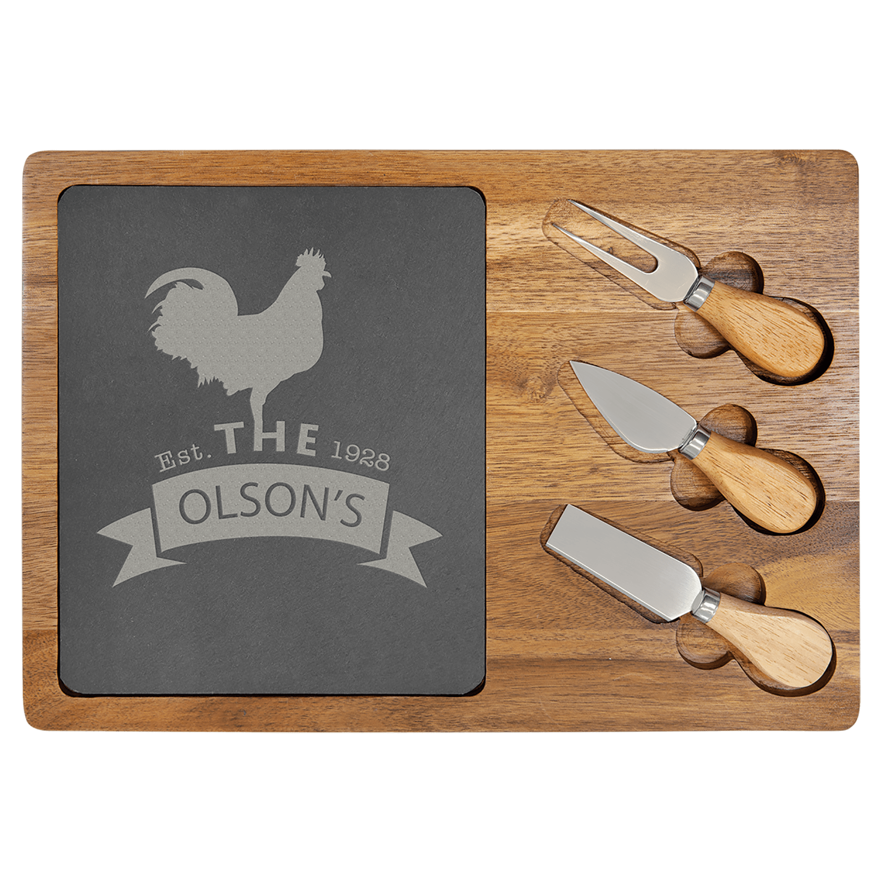 Personalized Acacia Wood and Slate Rectangle Cheese Set with three stainless steel tools and wood handles